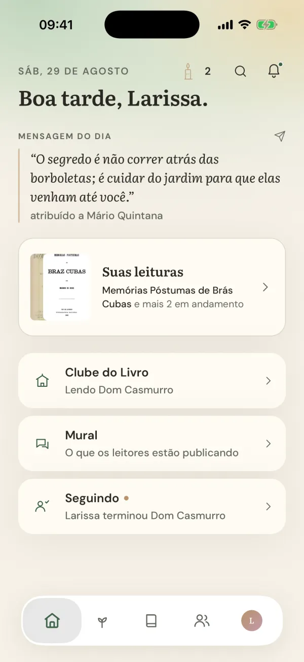 O início do app do Klari: suas leituras, o Clube do Livro, o mural e quem você segue