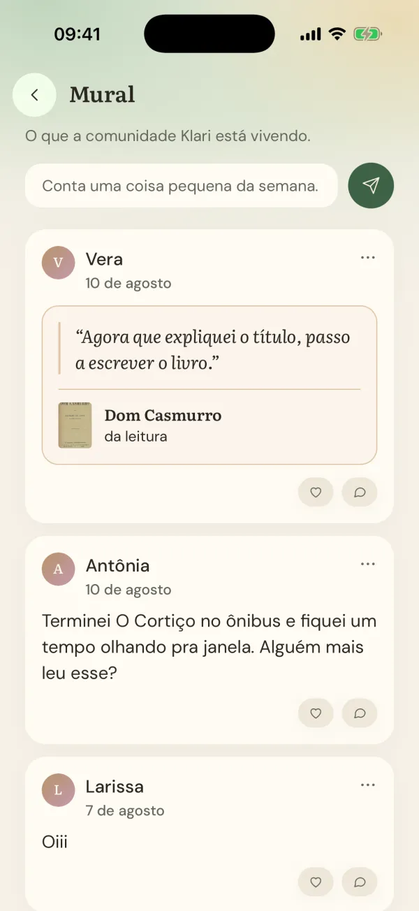 O mural do app do Klari, com recados e citações de leitores